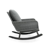 Modern 3 Piece Outdoor Seating Set With Cushioned Rattan Rocking Chairs And Wooden Accent Table