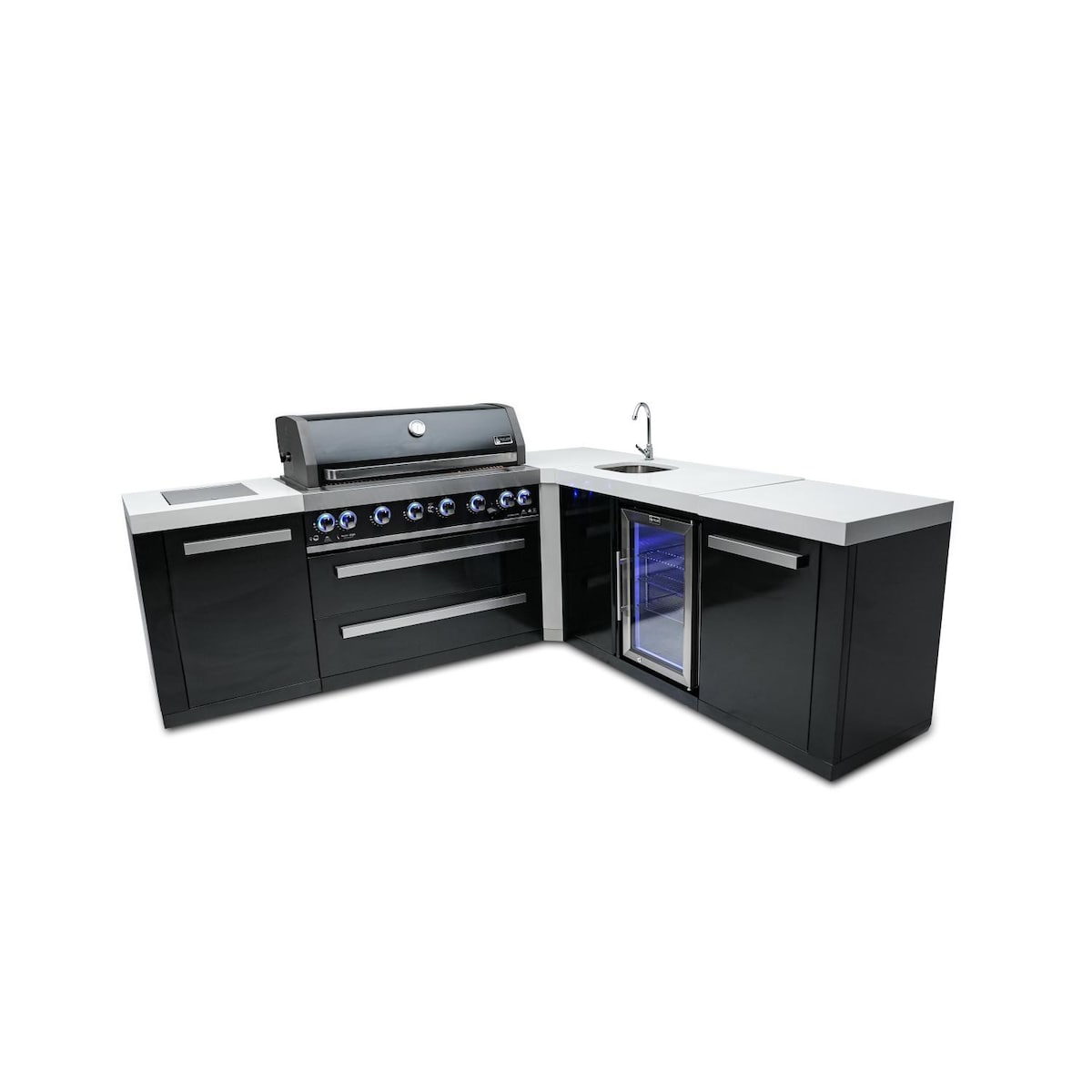 Mont Alpi Black Series 8 Ft L-Shaped Propane Outdoor Kitchen Island w/ Side Burner & Beverage Center - MAi805-BSS90BEV