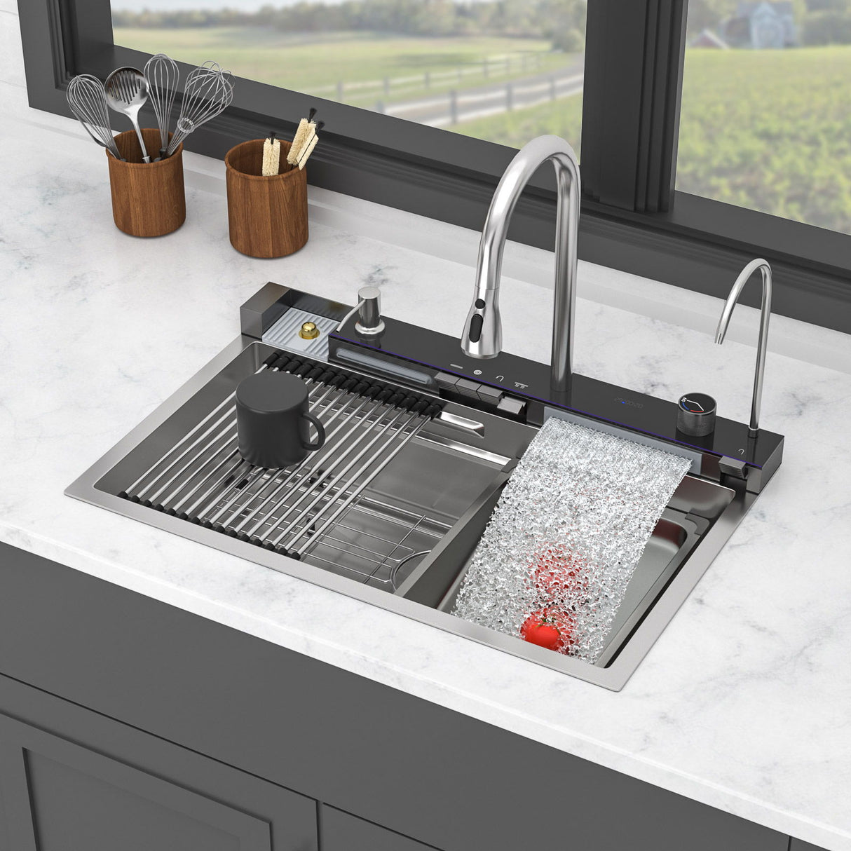 Kitchen Waterfall Sink Single Bowl With LED Faucet, Ledge Workstation, And Multi Function Pull Out Spray - Brushed Nickel