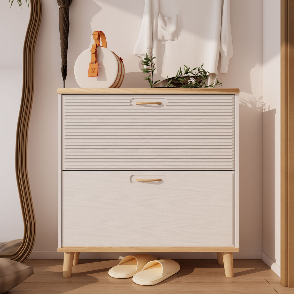 Narrow - Entryway Shoe Storage Cabinet With 2 Flip Drawers Legs - Natural / White