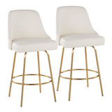 Marcel - 27" Fixed-Height Counter Stool With Swivel And Round Gold Metal Footrest (Set of 2) - Gold Metal And White Faux Leather With Gold Nailhead Trim