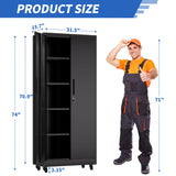 Storage Cabinet With Wheels And Lock, 4 Adjustable Shelves, 3 Point Locking Security, For Tool Organization In Garage - Black