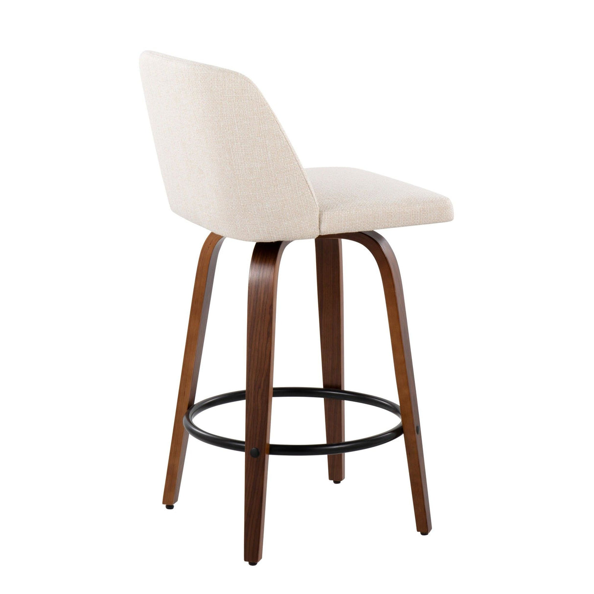 Tintori - Fixed-Height Counter Stool (Set of 2) - Walnut Wood With Round Black Footrest And Cream Noise Fabric