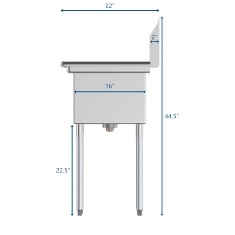 31 in. One Compartment Stainless Steel Commercial Sink with Drainboard, Bowl Size 12" x 16" x 10" SA121610-16R3.
