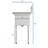 31 in. One Compartment Stainless Steel Commercial Sink with Drainboard, Bowl Size 12" x 16" x 10" SA121610-16R3.