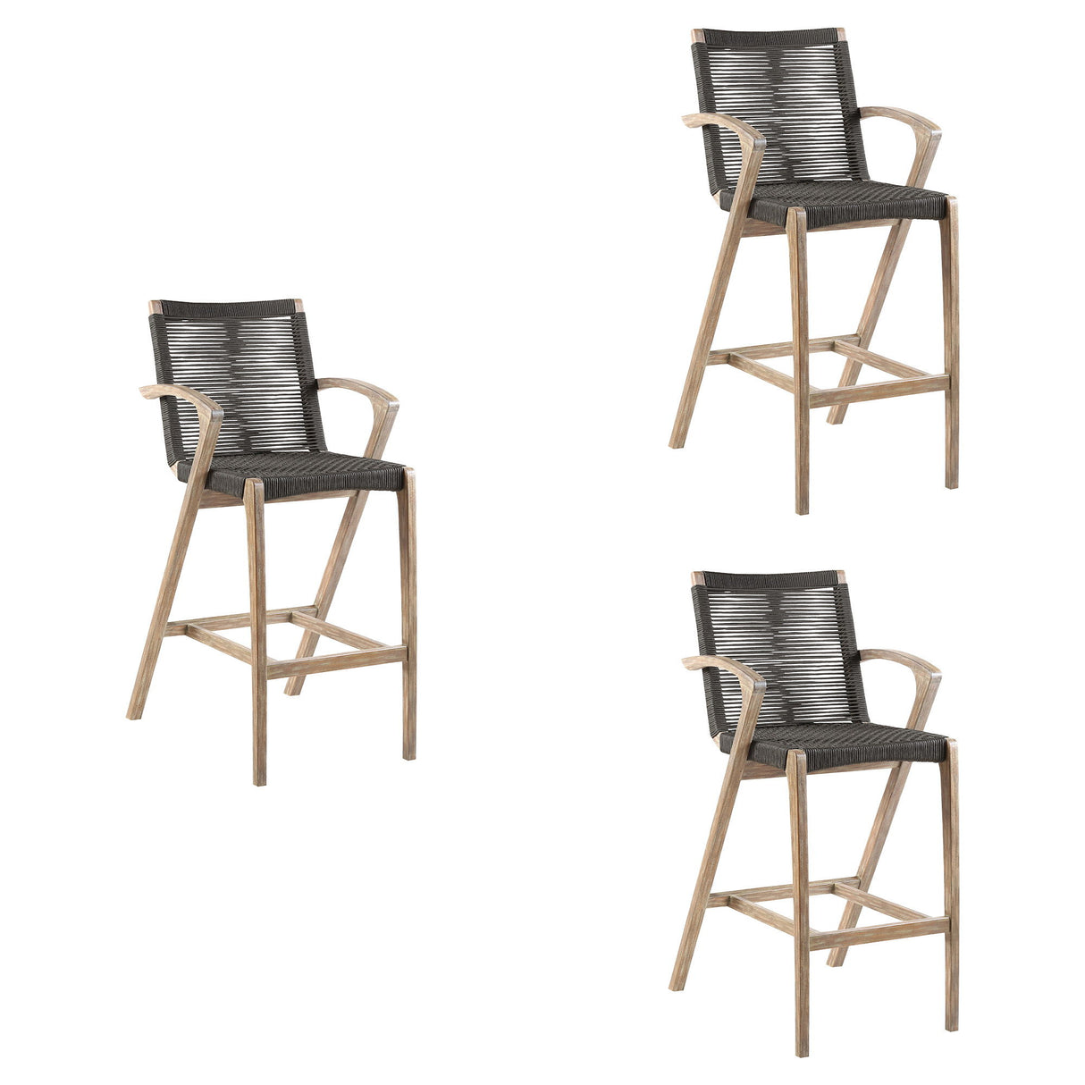Brielle - Outdoor Light Eucalyptus Wood And Charcoal Rope Bar Height Stool Set