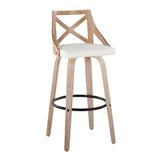 Charlotte - Farmhouse Fixed-Height Swivel Barstool (Set of 2) - Whitewashed Wood And White Faux Leather With Round Black Metal Footrest