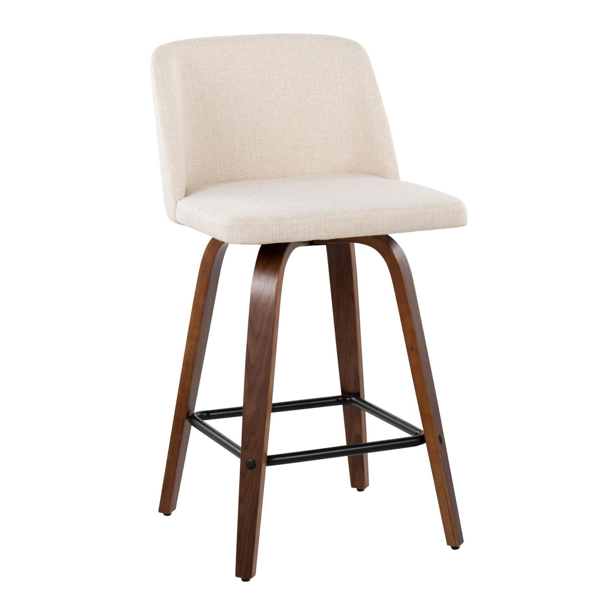 Tintori - Fixed-Height Counter Stool (Set of 2) - Walnut Wood With Square Black Footrest And Cream Noise Fabric