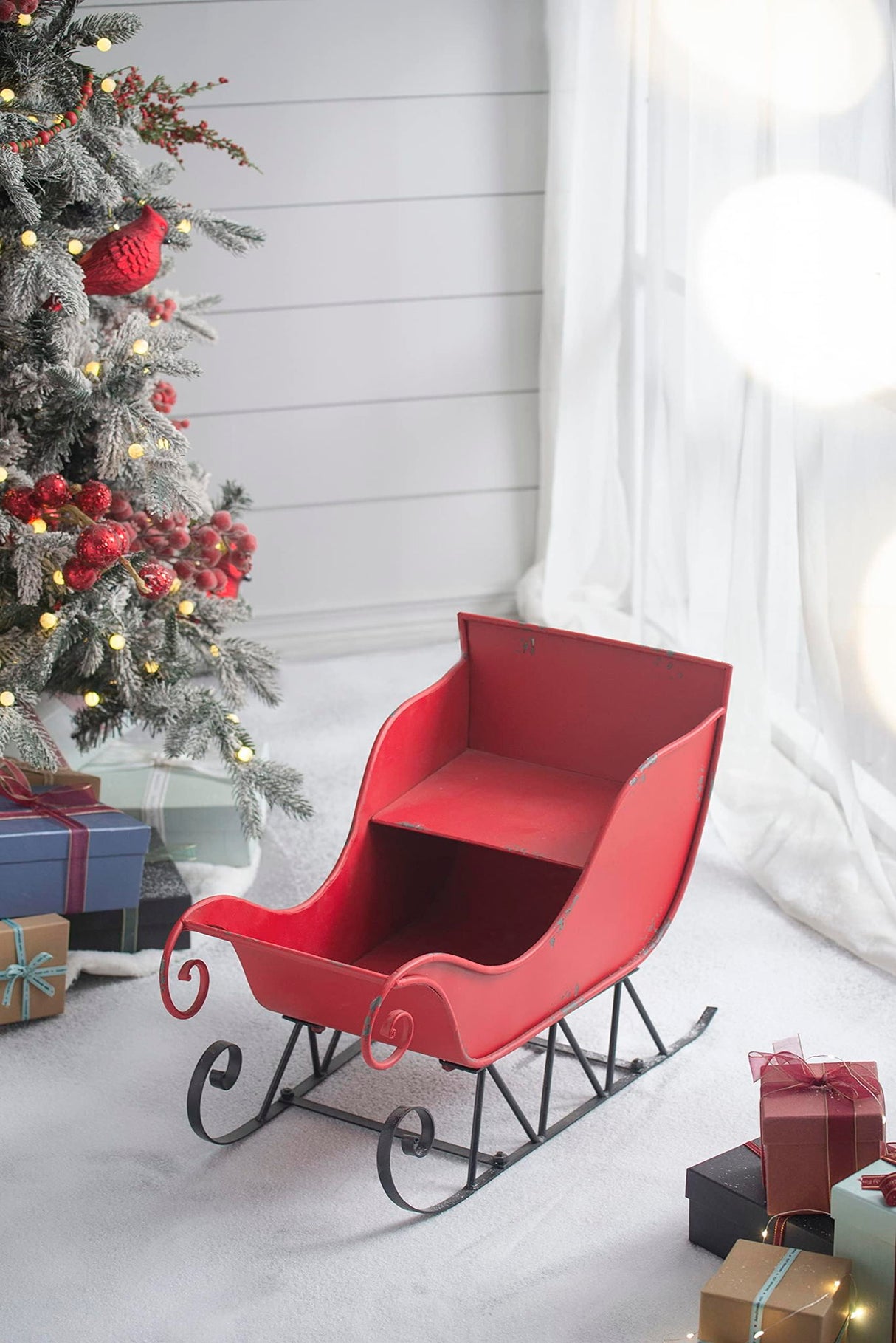 Iron Sleigh Large, Distressed Christmas Santa Sleigh Holiday Decoration