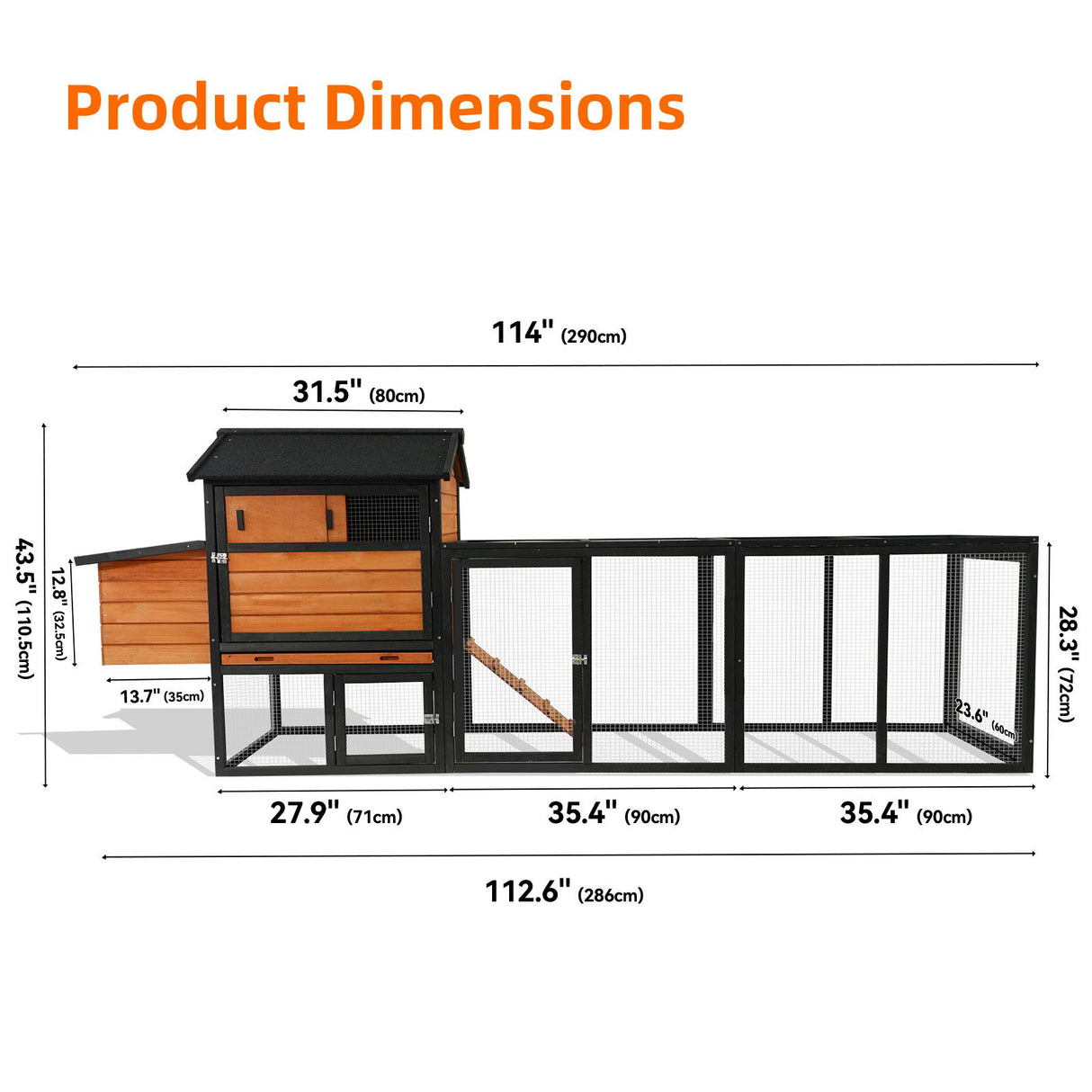 Chicken Coop With Run And Nesting Box, Large Outdoor Hen House For Backyard - Brown / Black