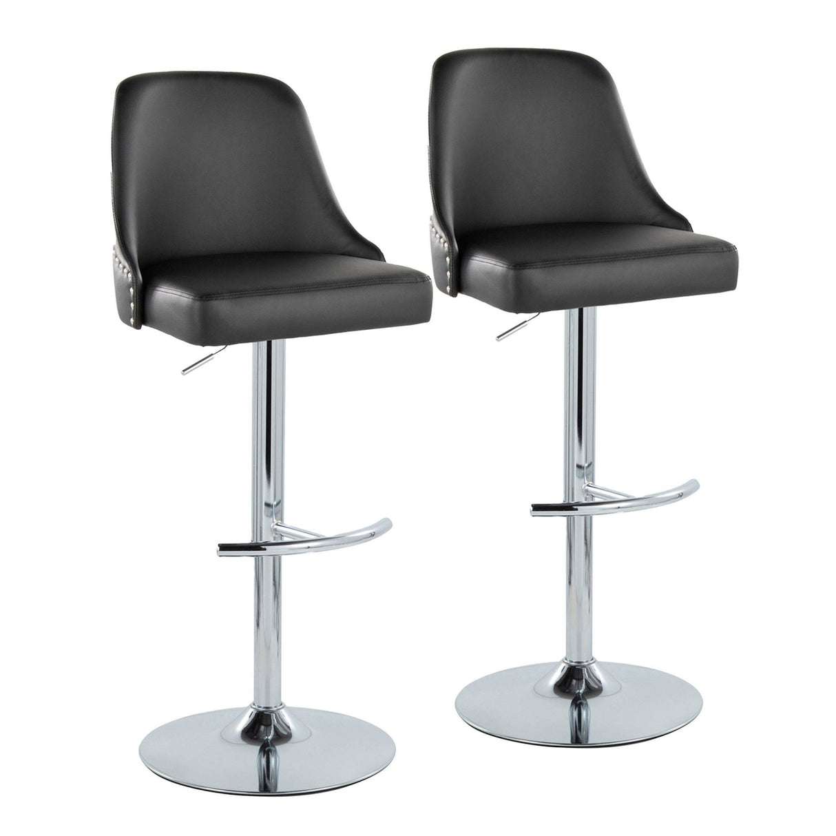 Marcel - Adjustable Barstool With Rounded T Footrest (Set of 2) - Chrome Metal And Black Faux Leather With Chrome Nailhead Trim
