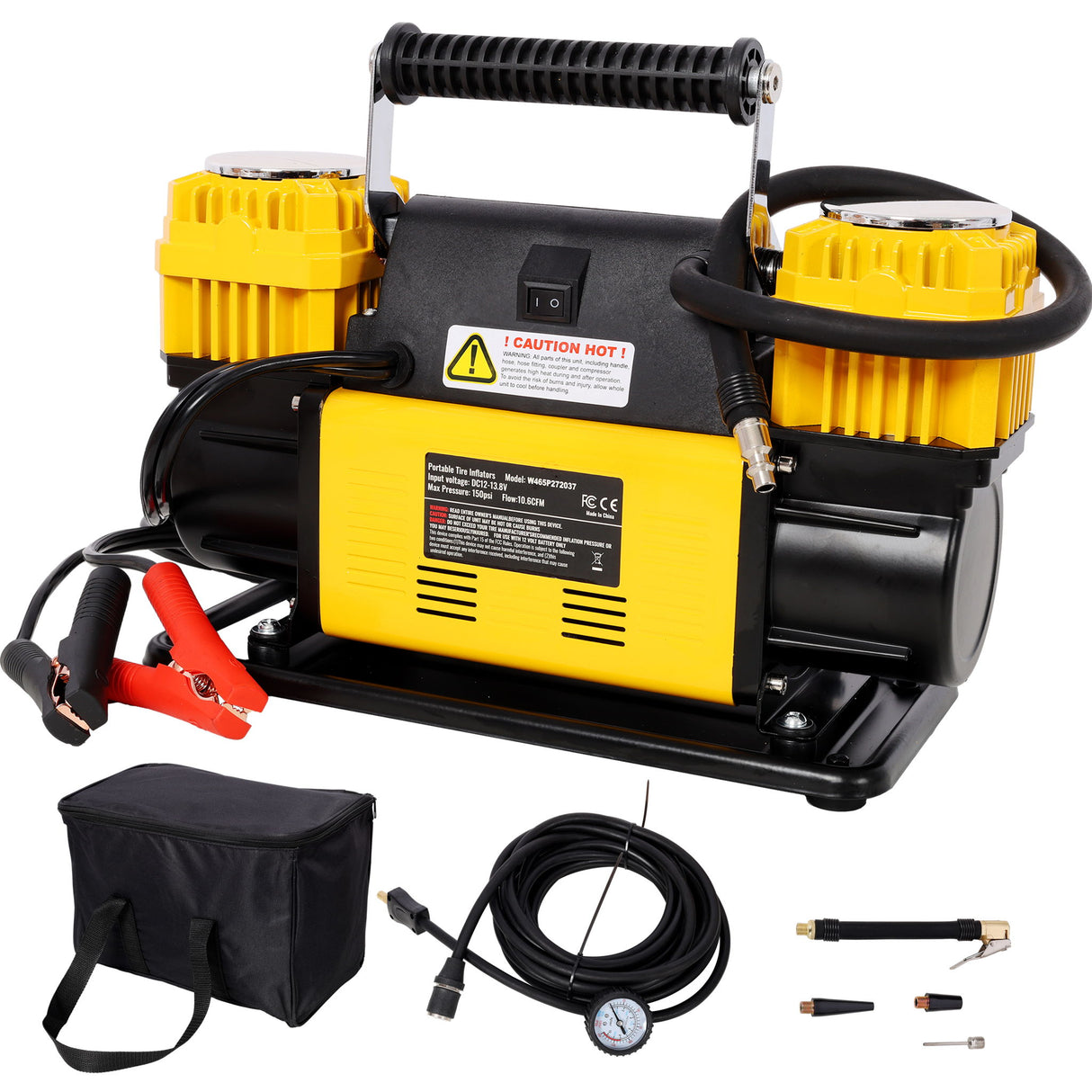 Heavy Duty 12V Dual Cylinder Air Compressor, Tire Inflator With Gauge - Yellow / Black