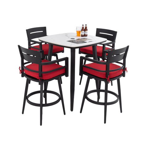 5 Pieces Outdoor Patio Bar Set, Rounded Square Sintered Stone Table & 4 Swivel Bar Chairs