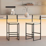 Style B, Woven Bar Stools With Backrest, Paper Rope Weave Dining Chairs For Kitchen Island - Creamy White