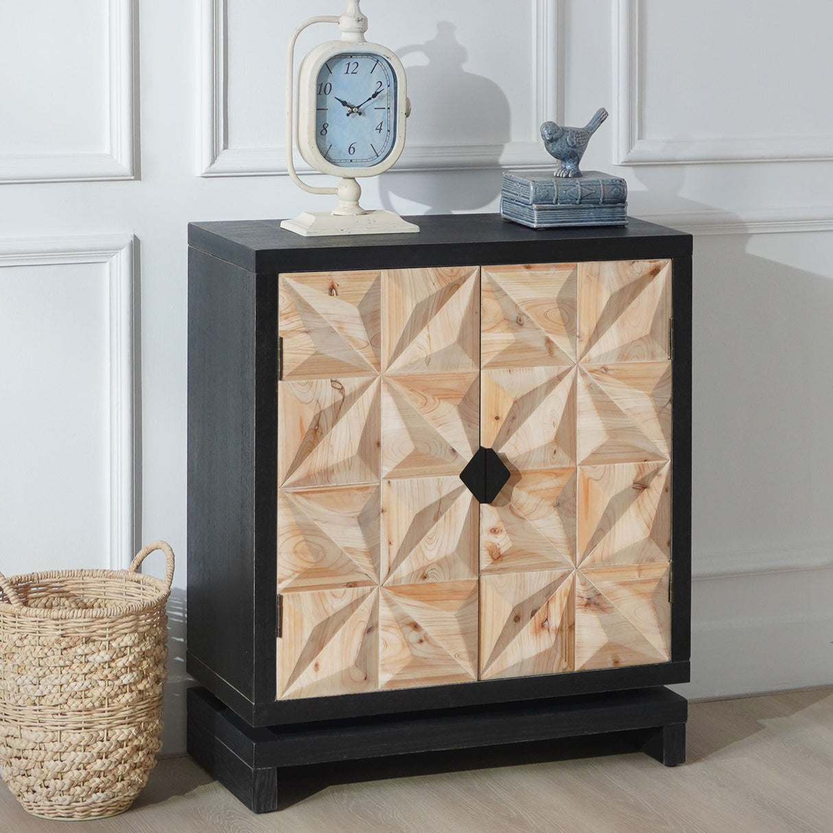 2 Door Accent Storage Cabinet With Diamond Handle - Black / Natural