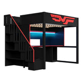 Full Gaming Loft Bed With Desk And Storage Staircase, LED Lights And USB - Red / Black