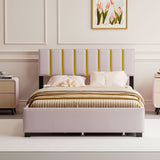 Upholstered Platform Bed With 2 Drawers And 1 Trundle, Classic Strip Headboard Design