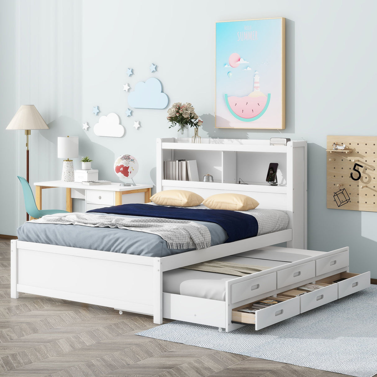 Full Size Platform Bed With Trundle, Drawers, USB Ports And Built In Shelves - White