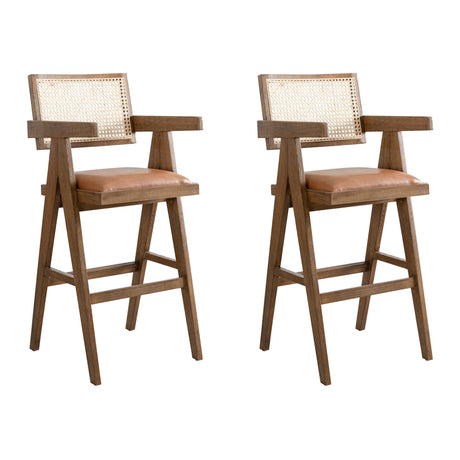 Harley - Nutmeg Brown Solid Wood And Rattan Upholstered 30" Bar Height Barstool