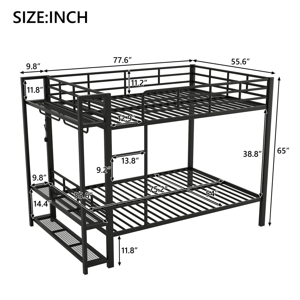 Bunk Bed With Storage Mesh Shelves, Clothes Hooks, LED Light