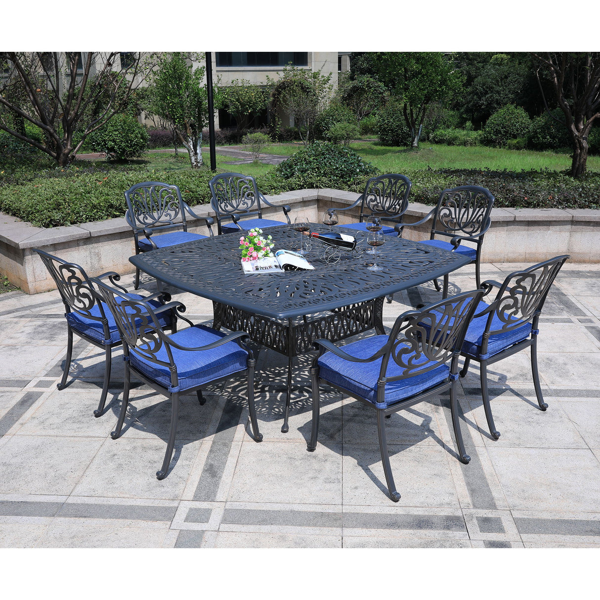 Square 8 Person 64" Long Aluminum Dining Set With Cushions