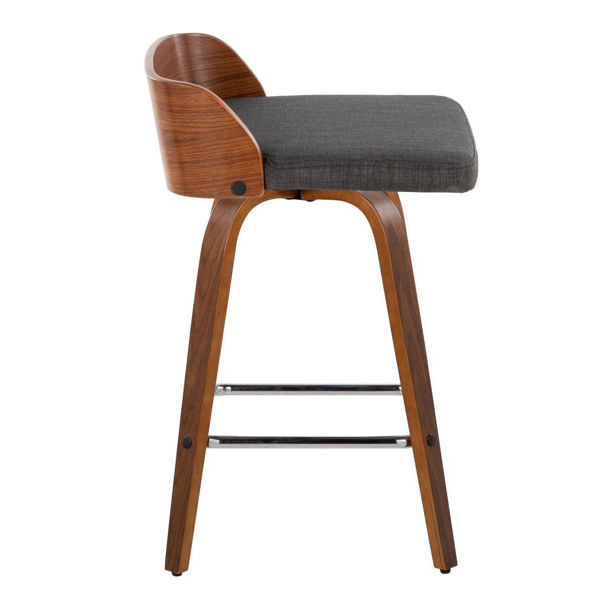 Maya - Mid-Century Modern Fixed-Height Swivel Counter Stool (Set of 2) - Walnut Wood / Charcoal Fabric With Square Chrome Metal Footrest