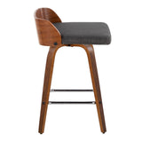 Maya - Mid-Century Modern Fixed-Height Swivel Counter Stool (Set of 2) - Walnut Wood / Charcoal Fabric With Square Chrome Metal Footrest