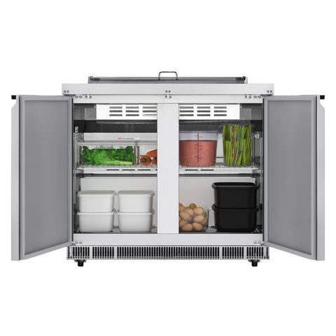 36 in. Commercial Refrigerated Prep Station Cold Table, Stainless-Steel Refrigerator with 6 Pan Storage with Cover and Two Adjustable Shelves (KM-RBT-36C)