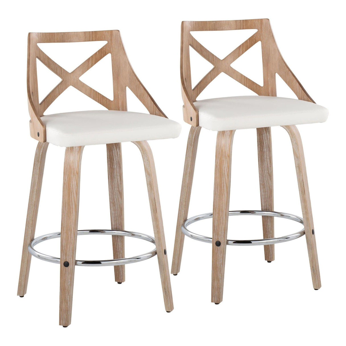 Charlotte - Fixed-Height Counter Stool (Set of 2) - Whitewashed Wood, White Faux Leather, Chrome Metal