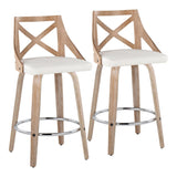 Charlotte - Fixed-Height Counter Stool (Set of 2) - Whitewashed Wood, White Faux Leather, Chrome Metal