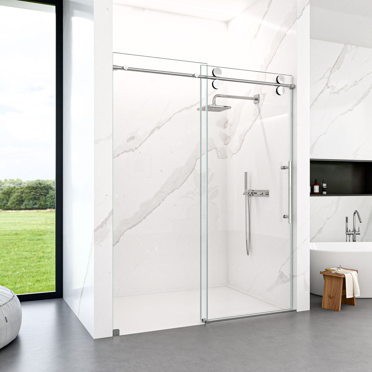 Frameless Single Sliding Shower Door With Clear Tempered Glass