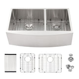 Double Bowl Sink 60 / 40 Split Apron Front Kitchen Sink In 16 Gauge With 2 10" Deep Basins 33" X21" X10" - Brushed Nickel