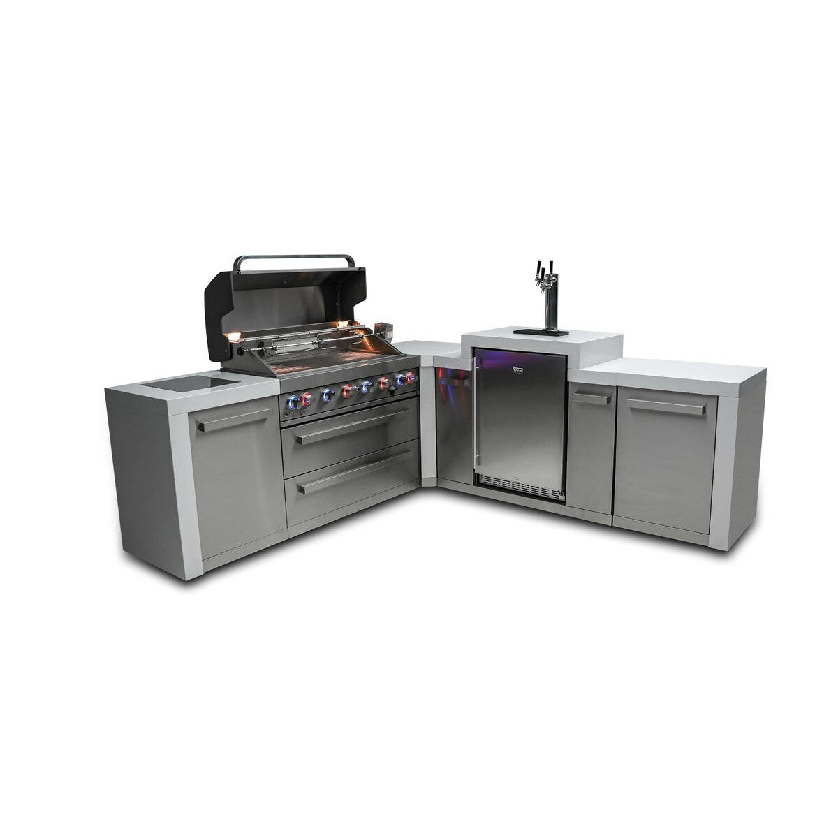 Mont Alpi Deluxe Series 8 Ft L-Shaped Propane Outdoor Kitchen Island w/ Side Burner & Kegerator - MAi805-D90KEG