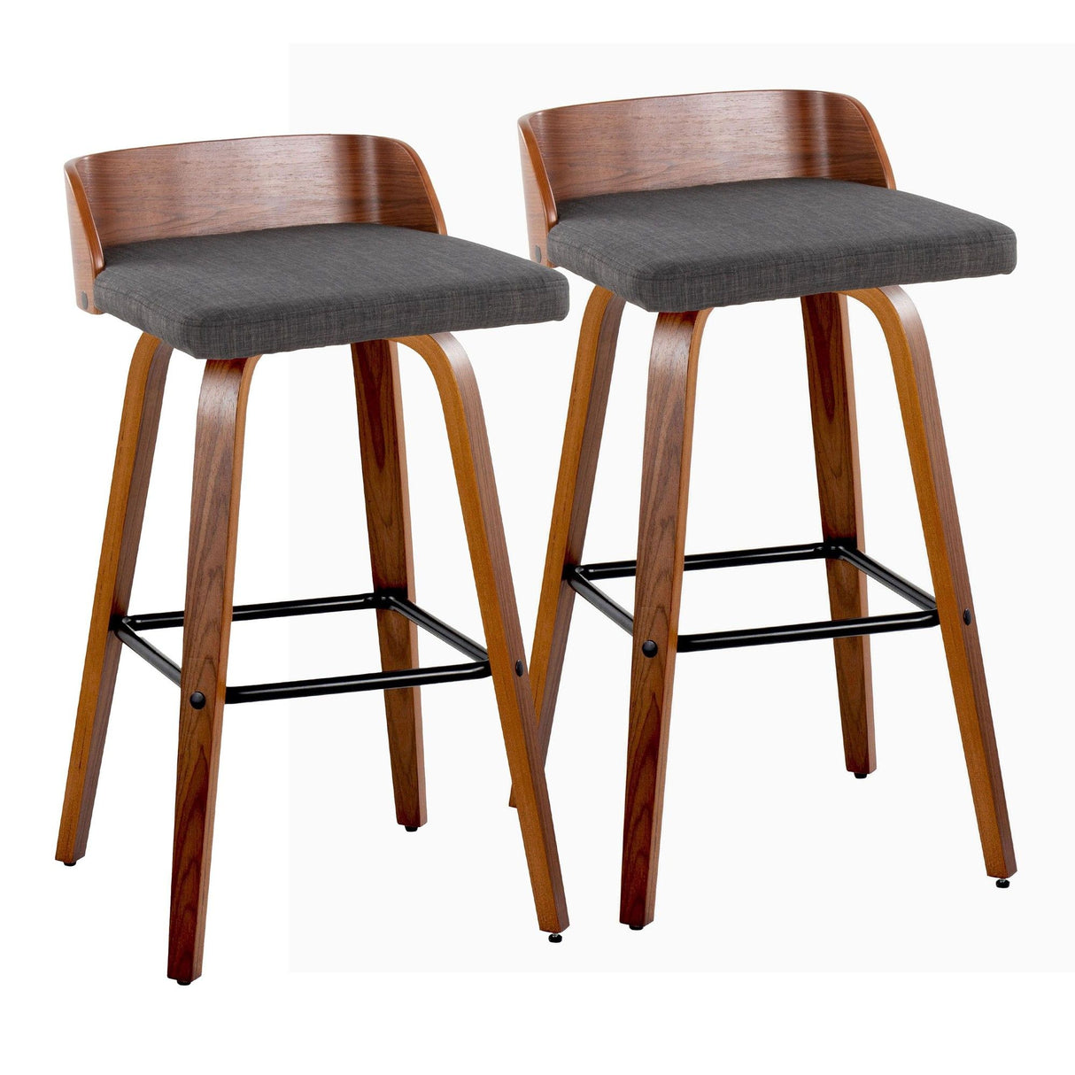 Maya - Mid-Century Modern Fixed-Height Swivel Barstool (Set of 2) - Walnut Wood And Charcoal Fabric With Square Black Metal Footrest