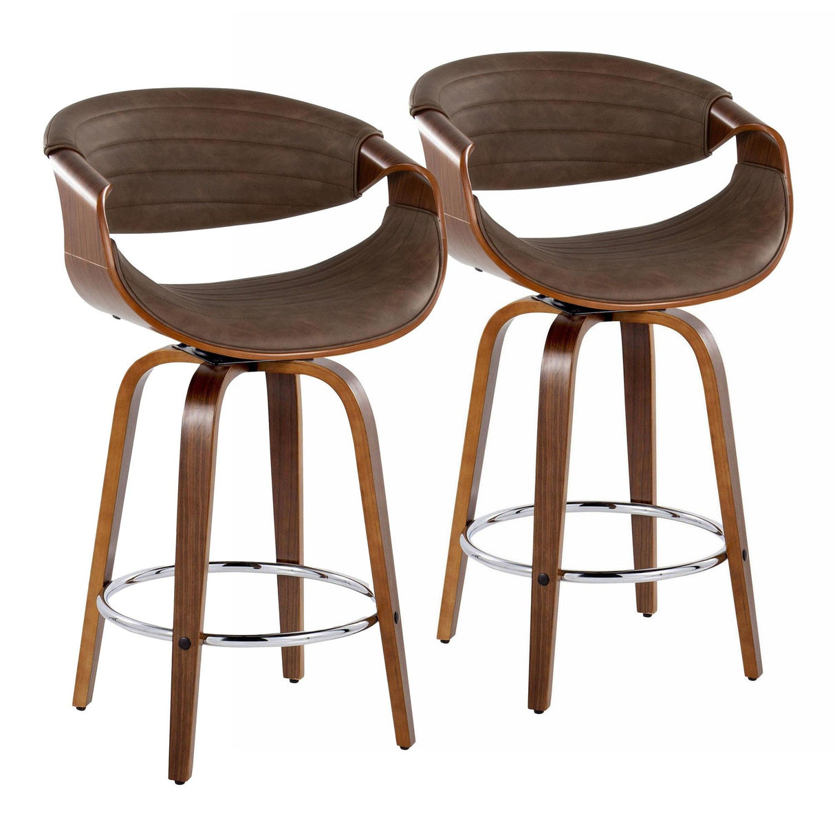 Symphony - 26" Fixed-Height Barstool With Swivel (Set of 2) - Walnut Wood And Espresso Faux Leather With Round Chrome Metal Footrest