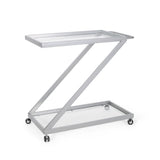 Modern Z Shaped Bar Cart With Tempered Glass Shelves - Silver