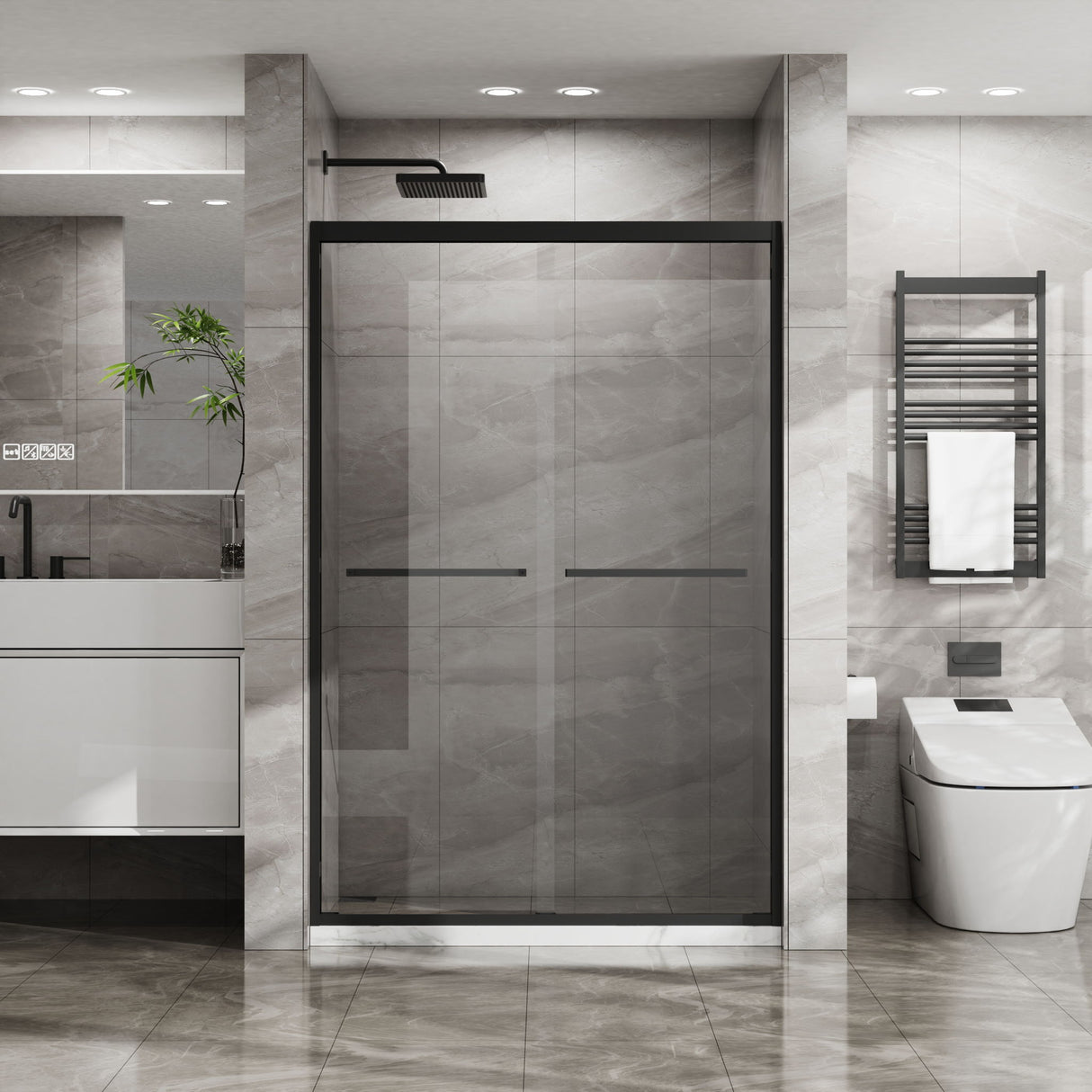 Matte Black Double Sliding Glass Shower Door With Aluminum Frame And SGCC Clear Tempered Glass - Black
