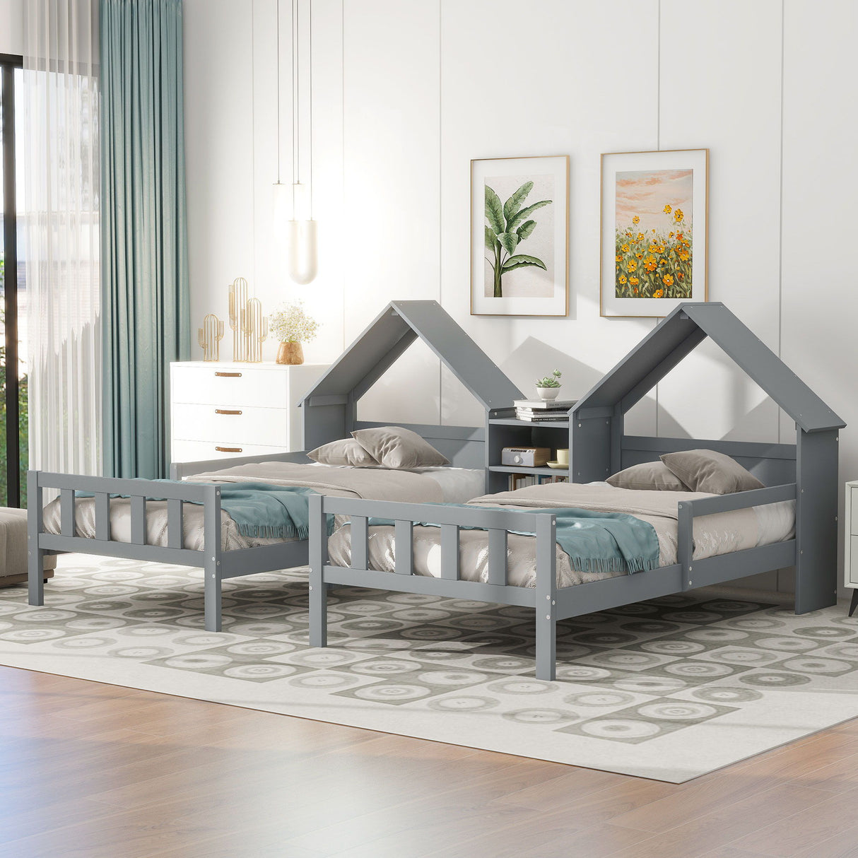 Double Platform Bed With House Shaped Headboard And Built In Nightstand