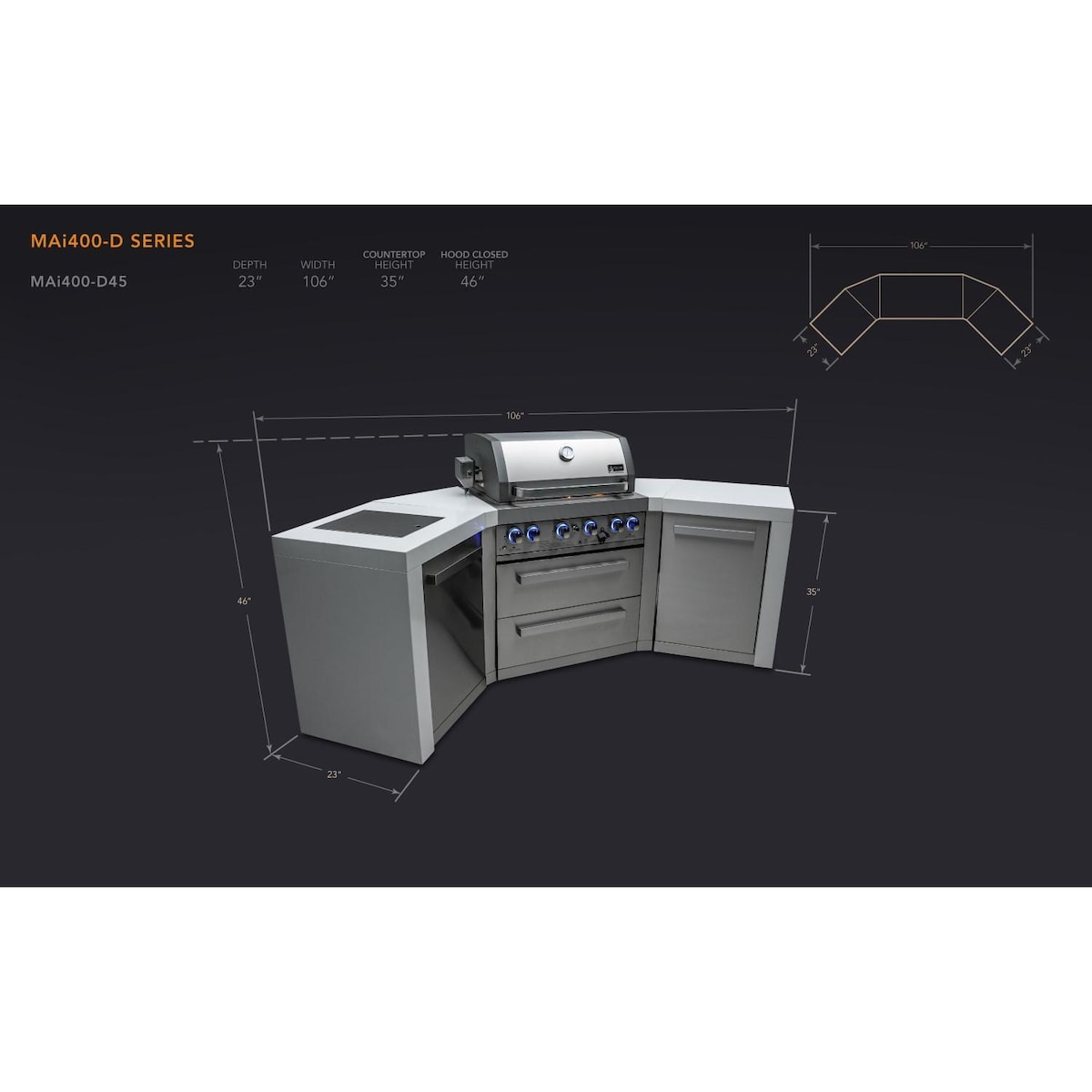 Mont Alpi Deluxe Series 7.5 Ft U-Shaped Propane Outdoor Kitchen Island w/ Side Burner - MAi400-D45