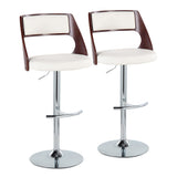 Cecina - Mid-Century Modern Adjustable Swivel Barstool (Set of 2) - Chrome Metal, Cherry Wood, And White Faux Leather With Rounded T Footrest