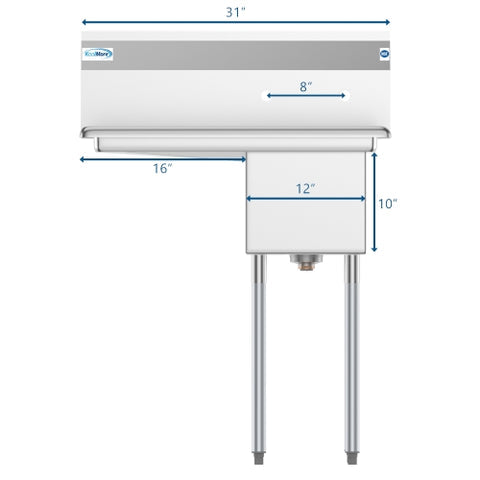 31 in. One Compartment Stainless Steel Commercial Sink with Drainboard, Bowl Size 12"x 16"x 10" SA121610-16L3.
