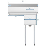 31 in. One Compartment Stainless Steel Commercial Sink with Drainboard, Bowl Size 12"x 16"x 10" SA121610-16L3.