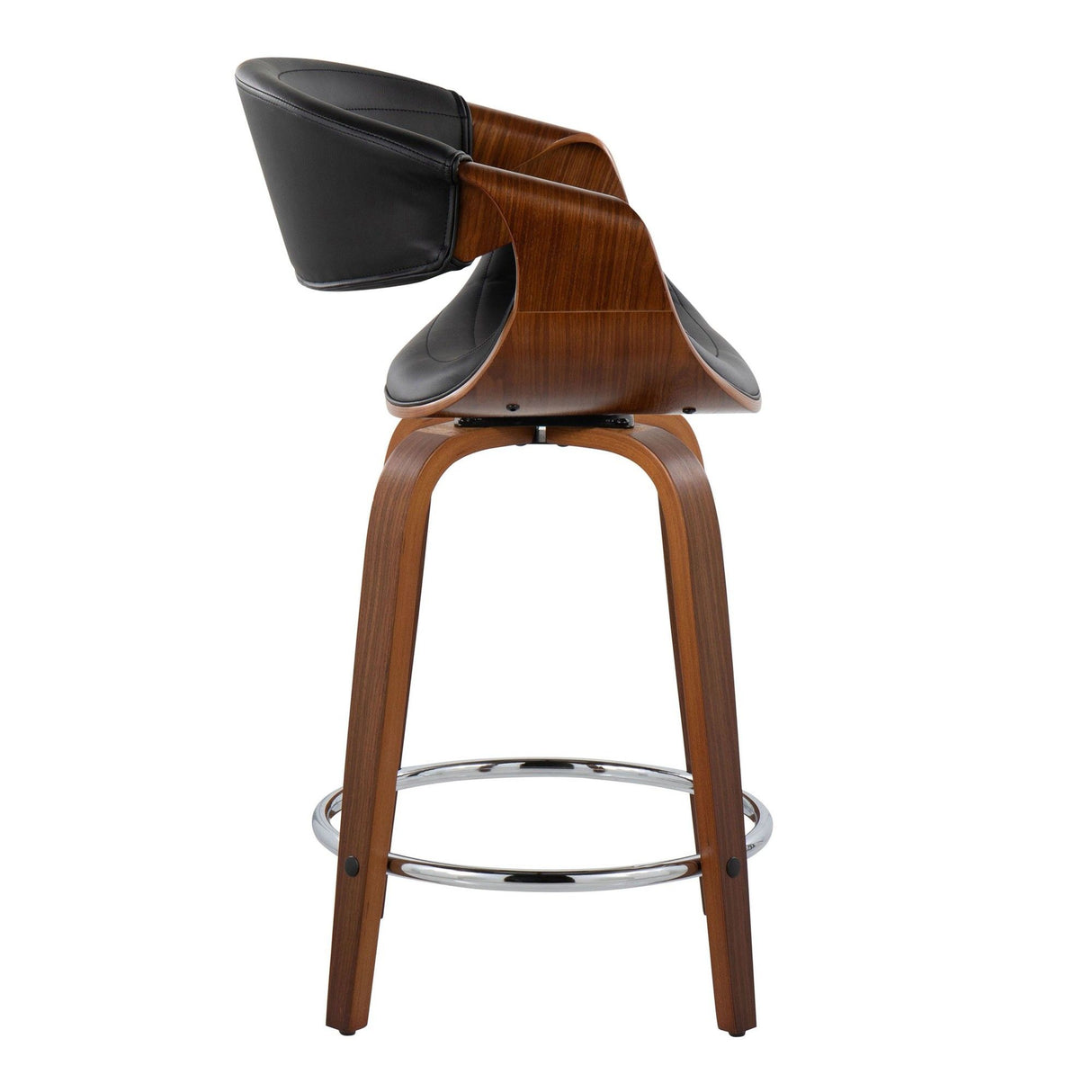 Curvo - 24" Fixed-Height Counter Stool With Swivel And Round Chrome Metal Footrest (Set of 2) - Walnut Wood