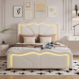 Upholstered Platform Bed & Curve Shaped And Height Adjustable Headboard, LED Light Strips