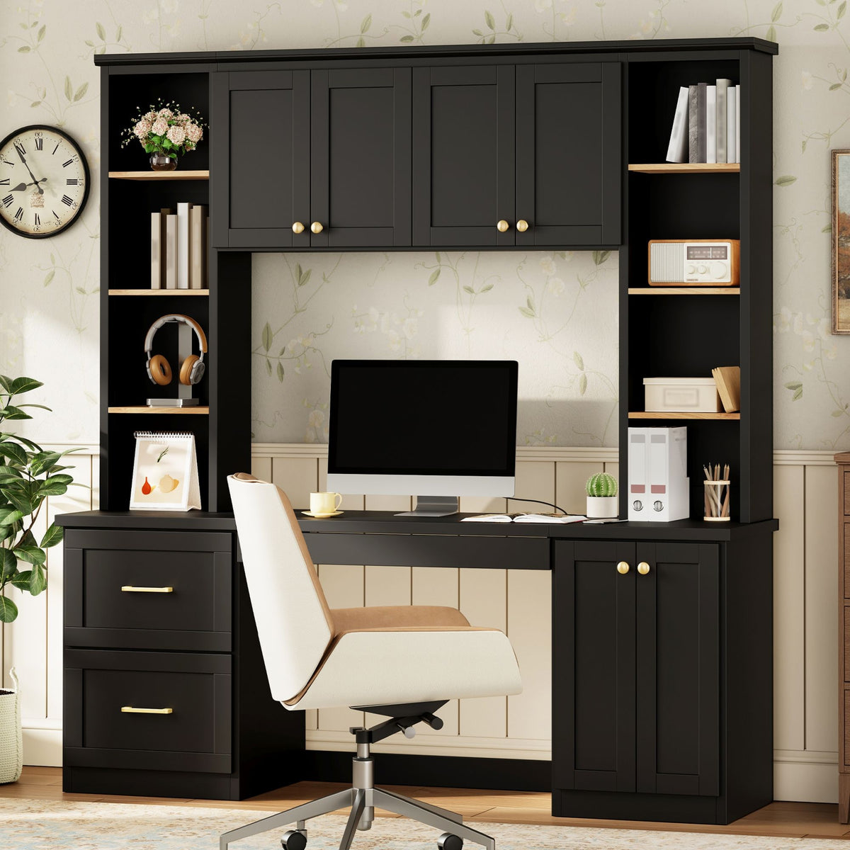 Computer Desk With Hutch, Workstation With Desk Grommet & Keyboard Tray