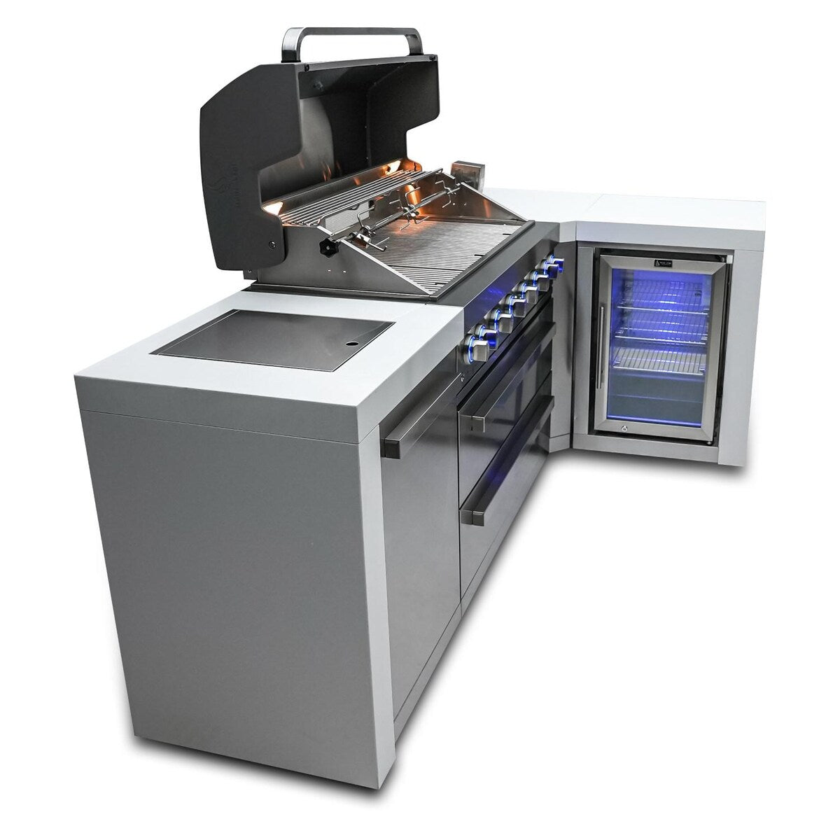 Mont Alpi Deluxe Series 8 Ft L-Shaped Propane Outdoor Kitchen Island w/ Side Burner & Fridge - MAi805-D90FC