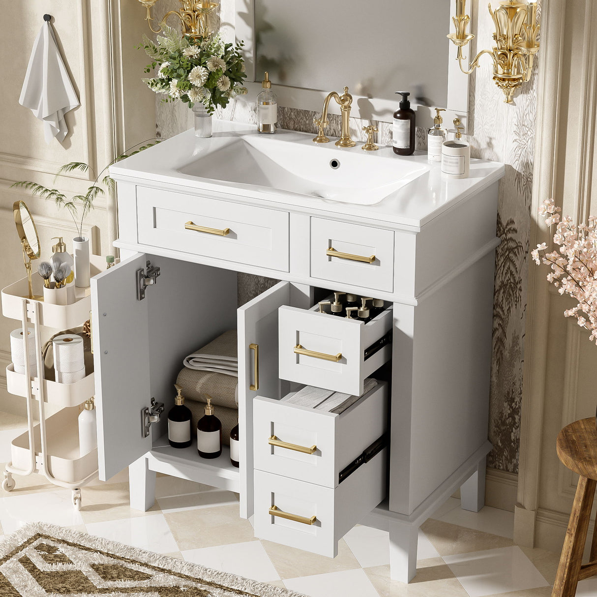 Modern Bathroom Vanity With Sink, Storage Cabinet, Soft Close Doors, Deep & Standard Drawers