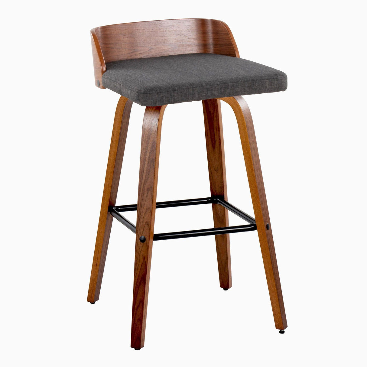 Maya - Mid-Century Modern Fixed-Height Swivel Barstool (Set of 2) - Walnut Wood And Charcoal Fabric With Square Black Metal Footrest