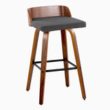 Maya - Mid-Century Modern Fixed-Height Swivel Barstool (Set of 2) - Walnut Wood And Charcoal Fabric With Square Black Metal Footrest