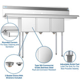 60 in. Three Compartment Stainless Steel Commercial Sink With Drainboards, Bowl Size 12"x 16"x 10" SC121610-12B3.